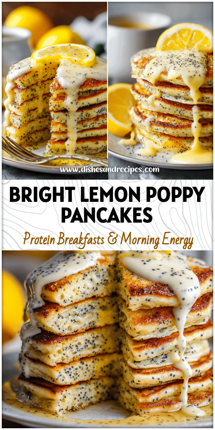 A fluffy stack of Lemon Poppy Seed Pancakes topped with lemon curd and poppy seeds on a bright plate.